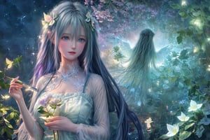 Ultra detailed illustration of an angel lost in a magical world full of wonders, unique luminous flora never seen before, highly detailed, pastel colors,  digital art, art by Mschiffer, night, dark, bioluminescence