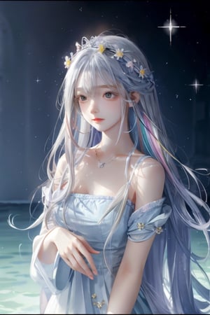 Watercolor painting, (Beautifully Aesthetic:1.2), (1girl:1.3), (long colorful hair, Half blue and half grey hair:1.2), water, liquid, natta, colorful, little Purple and yellow anemone flowers bloom around, Anemone blooming on the head, beautiful night, Starry sky, It's raining, Sateen, Fantastic night out,watercolor, snow white princess, 
,1 girl,