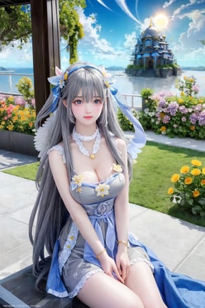 (masterpiece, best quality), (8k wallpaper),  (detailed illustration), (super fine illustration), (vibrant colors), (professional lighting), (sliver long wafy hair),(medium breast:1.3), (shy:1.3), The temples on both sides are decorated with blue ribbons, (Double golden halo on her head), angel wings, red scarf, cute dress, long skirt, hair ornament, embarrassed, natural eyes (grey eyes:1.3), (clean sky:1.3) ,(more flowers in air :1.3) ,( high sun:1.3), (great view:1.3), background ( clouds:1.3) , the girl sitting on one cloud,