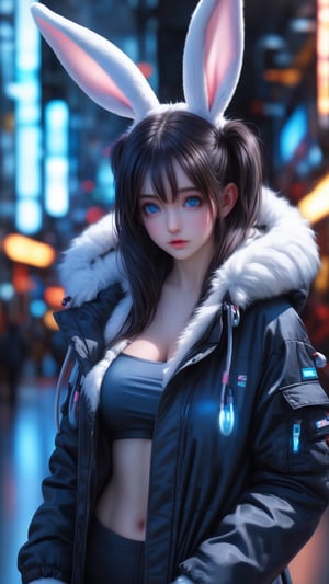 Inside , (futuristic detailed realistic background:1.3), (official art, beautiful and aesthetic:1.2), realistic lighting, 1girl, (rabbit fluffy parka coat:1.3), blue eyes, blurry, blurry background, hair ornament, lips, looking at viewer, flat chest, navel, pauldrons, twintails , solo, ( cute, petite:1.2 ), slender,