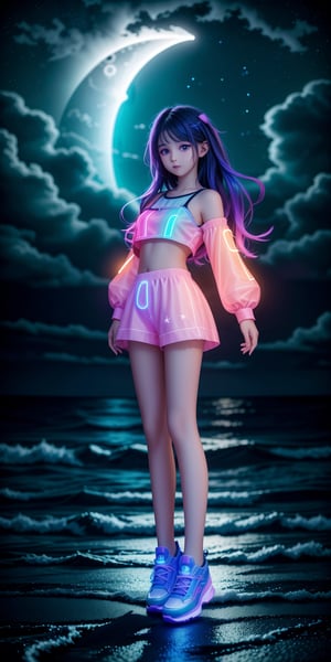 a young girl with neon light art, in the dark of night, moonlit seas, clouds, moon, stars, colorful, detailed, 4k, full body shot, detail face, ,
,,<lora:659111690174031528:1.0>