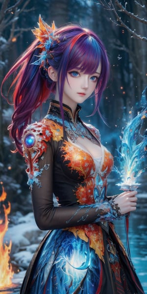 (masterpiece, top quality, best quality, official art, beautiful and aesthetic:1.2), (1girl), extreme detailed,(abstract, fractal art:1.3),colorful hair,highest detailed, detailed_eyes, fire, water, ice, lightning, light_particles, ghost,
