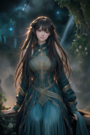 A breathtakingly beautiful digital art piece, reminiscent of Jean-Baptiste Monge's style. A single girl, her long hair flowing like a waterfall, is centered in the composition, surrounded by an intricate filigree design that shimmers with glittering lights. The rim lighting accentuates her features, casting a warm glow on her adorable face. Volumetric lighting creates depth, as rich, deep colors paint a surreal fantasy world. Sharp focus and ultra-detailed rendering bring the subject to life, akin to Dan Mumford's and Marc Simonetti's masterpieces. Astrophotography-inspired stars twinkle in the background, adding an extra layer of magic to this stunning piece of artgerm-inspired digital art. medium full shot, long legs, 