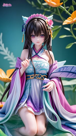 (masterpiece, top quality, best quality, official art, beautiful and aesthetic:1.2), (1girl), extreme detailed,(abstract, fractal art:1.3),highest detailed, detailed_eyes, light_particles, hanfu,jewelry, sexy, blue ,soft green, soft pink , yellow, medium shot, upper body shot, long brown hair, bangs, ,,<lora:659111690174031528:1.0>