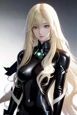 full shot of body,  a beautiful final fantasy style girl, (long wavy blonde hair), pale skin, fair skin,  clean detailed faces, black suit, GANTZ suit, analogous colors, glowing shadows, beautiful gradient, depth of field, clean image, high quality, high detail, high definition, Luminous Studio graphics engine, amazing pose, 