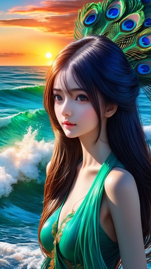 a gorgeous girl with jade majestic peacock on an ocean with a sunrise, ultra hd, realistic, vivid colors, highly detailed, UHD drawing, pen and ink, perfect composition, beautiful detailed intricate insanely detailed octane render trending on artstation, 8k artistic photography, photorealistic concept art, soft natural volumetric cinematic perfect light, long legs, (((long hair, floating hair))), ,1 girl,photo r3al,photo_b00ster