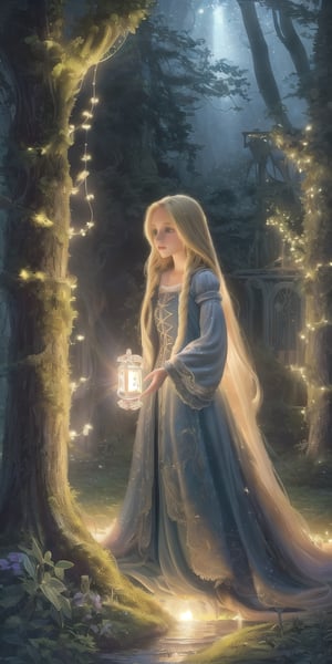 Ultra detailed illustration of a girl lost in a magical world full of wonders forest, highly detailed, digital art, art by Mschiffer, night, dark, 1girl,Holy light,1 girl, a girl named Rapunzel, (4 meters long hair:1.3), (glowing hair, luminesence blonde hair:1.2), ,rapunzel, full body shot, 