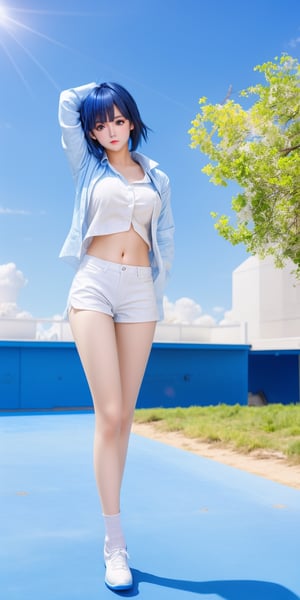 photography, hyper realistic photo, high resolution, a beautiful gril,  innocent, smooth lighting, cinematic image, outdoor, (blue sky:1.3), dynamic pose, natural face, long legs, white shirt, short blue pants,una, black shiny hair, slim, short hair, messy hair, 