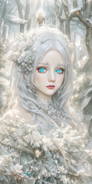 medium full shot, details face, white skin, white hair, white, Ultra detailed illustration of an angel lost in a magical world full of wonders, ((unique luminous forest)), highly detailed, pastel colors,  digital art, art by Mschiffer, night, dark, ((natural eyes)), bioluminescence,Holy light,Angel