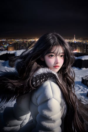 Best quality, masterpiece, ultra high res, photorealistic, (medium shot:1.3),  raw photo, a young girl, long hair in the wind, perfect body pose, snow, winter, thick fur jacket, dynamic lighting, in the dark, deep shadow, cinematic image, dark city, floting city on the background.