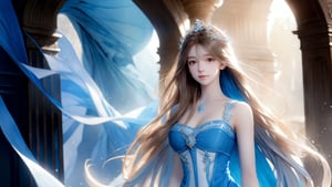 A medium shot, a young girl, 1girl, beautiful long flowing light brown hair , wearing a flowing blue and white dress made of waves, representing beauty and elegance. 8K photograph, at sunset, against a radiant and rainbow-like holographic background, a dynamic pose. Final fantasy styles, center image, a highlight in the middle of a journey.,1 girl,