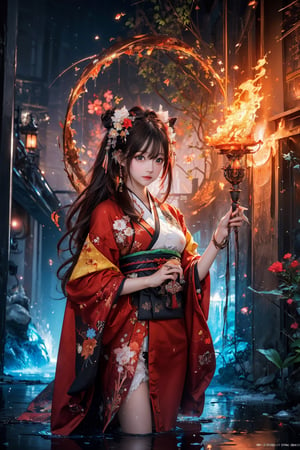 (masterpiece,  top quality,  best quality,  official art,  beautiful and aesthetic:1.2),  medium full shot, (1girl), tiny and tall,  kimono girl, extreme detailed, (abstract,  fractal art:1.3), colorful hair, highest detailed,  detailed_eyes,  fire,  water,  ice,  lightning,  light_particles,  ,midjourney