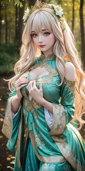 vibrant colors, female, masterpiece, sharp focus, best quality, depth of field, cinematic lighting, ((solo, one woman )), (illustration, 8k CG, extremely detailed), masterpiece, ultra-detailed, Hair length: Medium and wavy  white Hair color: Emerald green Eye color: Shiny gold Clothes: Green tunic with floral decorations, flower crown on the head. This figure stood in the heart of the Fairy Woods, with medium, wavy white hair that blended harmoniously with the enchanted atmosphere of the place. The bright gold eyes shone with magic and wonder at the beauty of the surrounding nature. She wore a green tunic with floral decorations and a crown of flowers on her head, completely immersing herself in the tranquility and harmony of the fairy forest. dynamic pose puffing out the chest, (((arching the chest))), 
 fine Detail, hands up, armpit, 