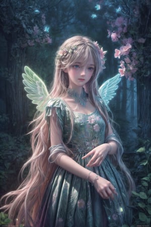 Ultra detailed illustration of an angel lost in a magical world full of wonders, luminous flora and unique luminous fauna never seen before, highly detailed, pastel colors, hand painted strokes, visible strokes, digital art, art by Mschiffer, night, dark, bioluminescence