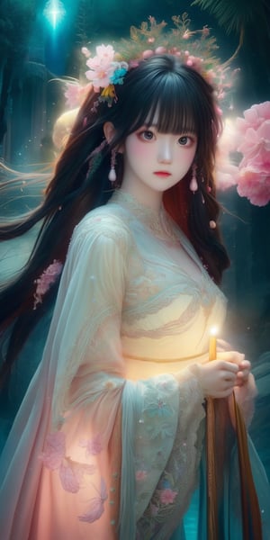 Ultra detailed realistic of a young girl lost in a magical world full of wonders, unique luminous flora never seen before, highly detailed, pastel colours, digital art, art by Mschiffer, night, dark, bioluminescence, slim, tall, perfect upper body, dynamic pose, pale skin, black hair, clear eyes, white skin, (long flowing hair, floating hair, long hair, messy hair), ((long floating sheers)), perfect fingers, long bangs, medium shot, upper body, in the dark, deep shadow, low key, intricate fractal art,luna,Holy light