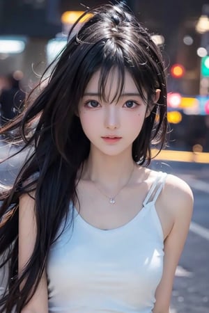 Best quality, masterpiece, ultra high res, (photorealistic:1.37), (medium full shot:1.3), raw photo, a young girl, 17 year old, long hair flowing by the wind, bangs, detailed eyes and face, perfect anatomy. dynamic lighting, in the dark, deep shadow, low key, cinematic image, bright city, floting city on the background. undershirt, 
