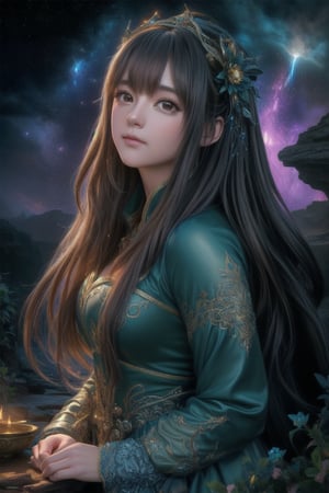 A breathtakingly beautiful digital art piece, reminiscent of Jean-Baptiste Monge's style. A single girl, her long hair flowing like a waterfall, is centered in the composition, surrounded by an intricate filigree design that shimmers with glittering lights. The rim lighting accentuates her features, casting a warm glow on her adorable face. Volumetric lighting creates depth, as rich, deep colors paint a surreal fantasy world. Sharp focus and ultra-detailed rendering bring the subject to life, akin to Dan Mumford's and Marc Simonetti's masterpieces. Astrophotography-inspired stars twinkle in the background, adding an extra layer of magic to this stunning piece of artgerm-inspired digital art.