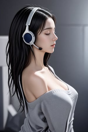 HDR, amazing super Ilustrastion, imagination, a beautiful girl wearing a (big headset:1.3), listens to very melodious music, until she is carried away by a comfortable, calm atmosphere, close her eyes, illustrations of (blocks of notes background:1.6) , grey sweater, indoor, side view, head up, big boobs, right shoulder, chin up,,<lora:659111690174031528:1.0>