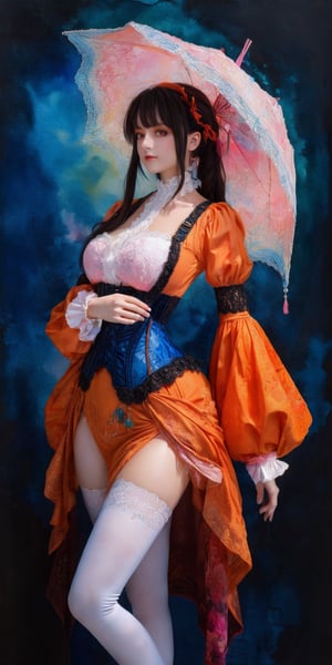 In a stunning watercolor painting, side view, Her long legs and toned physique are showcased in high definition. The Victorian blouse, with swirling colors of orange, black, blue, and pink, hugs her curves. As she approaches perfection, her gaze meets the viewer's, exuding confidence and allure. Sharp focus and intricate details bring this digital artwork to life on Artstation, a concept piece that rivals 8K quality, blending surrealism and watercolor techniques in a masterclass of artistry.