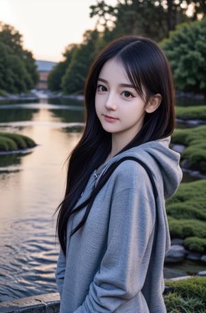 (a woman:1.4), (medium full shot:1.5), grey sweater with hoodie, masterpiece, extremely best quality, official art, cg 8k wallpaper, (Fantasy Style:1.1), (face focus, cute, best quality, 1girl, nature background, meadow, solo, standing, pixiv:1), 3d,  light particle, highly detailed, best lighting, pixiv, depth of field, (beautiful face), fine water surface, incredibly detailed, (an extremely beautiful), (best quality),,,<lora:659111690174031528:1.0>