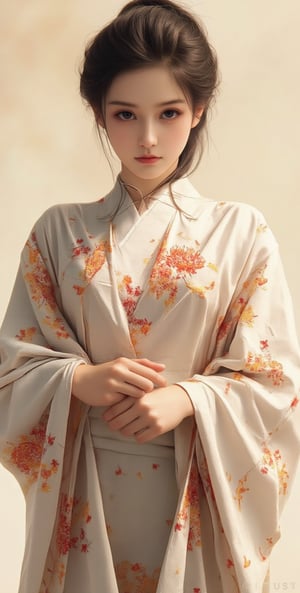 A very beautiful girl looking at viewer, kimono, light theme, front view, upper body, masterpiece quality, stunning image, digital art, professional style, pretty detailed, perfect anatomy, Sumi-e,洛可可藝術,绝美之作。,Una