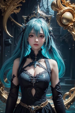 a sorceress, cyan hair, long gold and white dress ocean cliff, detailed face, vines, stars, ((surrealism)), (abstract), intricately detailed gothic art triadic colors, fantastical, splash screen, fantasy high magic concept art, 8k resolution, (gothic masterpiece), oil painting, heavy strokes, HW*