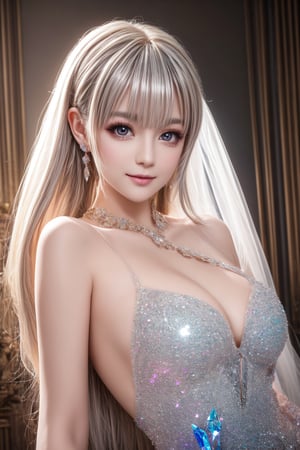 Here is a prompt that captures the essence of the input:

A stunning 8K HD CG work featuring a beautiful girl with long flowing silver hair, delicate details, and crystal-clear eyes. She wears a glittering rainbow crystal dress with light reflection on the crystals, creating an attractive pose as she turns her body towards the camera, showcasing almost full-body capture. Her makeup is exquisite, with thin eyebrows, sharp eye definition, and pink cheeks. Her nose is high, lips are shiny red, and her facial structure is perfectly proportioned. She looks directly ahead, exuding happiness and confidence. The interior lighting effect is soft and natural, with a touch of virtual light accentuating the crystal dress. The overall composition is striking, with a focus on the subject's beauty and artistry.