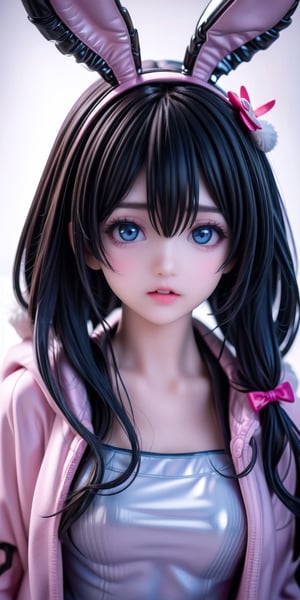 1girl, (futuristic detailed realistic background:1.3), (official art, beautiful and aesthetic:1.2), realistic lighting, solo, ( pink rabbit fluffy parka coat:1.43523), ((blue eyes)), blurry, open mouth,  blurry background,  hair ornament, lips, looking at viewer, round chest, navel, black hair, twintails , ( cute, petite:1.2 ), slender, latex, 
midjourney, ,<lora:659111690174031528:1.0>