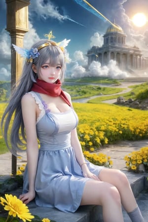 (masterpiece, best quality), (8k wallpaper),  (detailed illustration), (super fine illustration), (vibrant colors), (professional lighting), (sliver long wafy hair),(medium breast:1.3), (shy:1.3), The temples on both sides are decorated with blue ribbons, (Double golden halo on her head), angel wings, red scarf, cute dress, long skirt, hair ornament, embarrassed, natural eyes (grey eyes:1.3), (clean sky:1.3) ,(more flowers in air :1.3) ,( high sun:1.3), (great view:1.3), background ( clouds:1.3) , the girl sitting on one cloud,DonMDj1nnM4g1cXL 