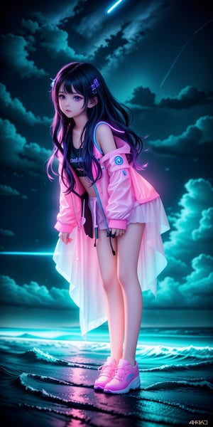 a young girl with neon light art, in the dark of night, moonlit seas, clouds, moon, stars, colorful, detailed, 4k, full body shot, detail face, ,
,<lora:659111690174031528:1.0>