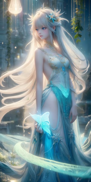 Ultra detailed realistic of a young girl lost in a magical world full of wonders, unique luminous flora never seen before, highly detailed, pastel colours, digital art, art by Mschiffer, night, dark, bioluminescence, slim, tall, perfect upper body, dynamic pose, pale skin, golden hair, blue eyes, white skin, (long flowing hair, floating hair, long hair, messy hair), ((long floating sheer)), perfect fingers, long bangs, medium shot, upper body, in the dark, deep shadow, low key, intricate fractal art