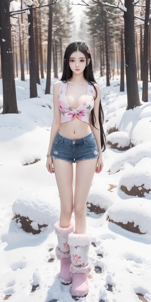 主：(foggy woods),((Full body image)), 人：(Beautiful girly body proportions),(smaller body frame), 髮：(long hair), 服：(((Low-cut collarless and sleeveless sweater with floral pattern))),(((Sheer sleeveless sweater))),(((deep V low neckline))),(very short denim hot pants),(((snow boots))),


Xueer