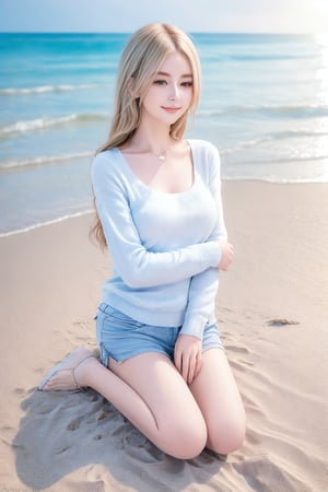 A serene masterpiece: Coastal Tranquility. A woman sits cross-legged on a sandy beach, hands resting on knees as she gazes at the waves, her peaceful smile a reflection of the calm atmosphere. Soft lighting casts gentle shadows, while the oversized pale blue sweater and white shorts convey effortless elegance. Tousled sun-kissed blonde hair adds to the relaxed vibe amidst the soothing sounds of gentle waves and soft pastel hues in the sky.,luna