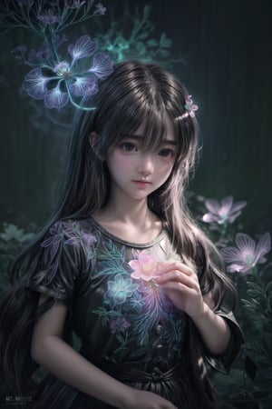 Ultra detailed illustration of a girl lost in a magical world of wonders, glowy, bioluminescent flora, incredibly detailed, pastel colors, handpainted strokes, visible strokes, digital art, art by Mschiffer, night, dark,  bioluminescence