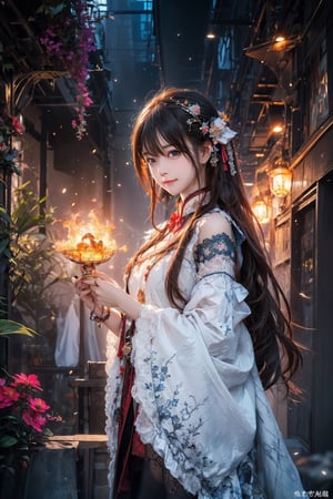 (masterpiece,  top quality,  best quality,  official art,  beautiful and aesthetic:1.2),  medium full shot, (1girl), young girl,  hanfu girl, extreme detailed, (abstract,  fractal art:1.3), colorful hair, highest detailed,  detailed_eyes,  fire dragon,  water,  ice,  lightning,  light_particles,  ,midjourney