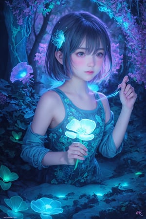 Ultra detailed illustration of a girl lost in a magical world of wonders, short cut hair,  glowy, bioluminescent flora, incredibly detailed, pastel colors, handpainted strokes, visible strokes, digital art, art by Mschiffer, night, red and blue bioluminescence