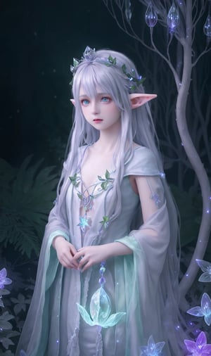 HDR, Ultra detailed illustration of a elf  with crown lost in a magical world full of wonders forest, unique luminous flora, highly detailed, pastel colors,  digital art, art by Mschiffer, night, dark, grey bioluminescence, (darkness background:1.2), 1girl, white skin, pale skin, 