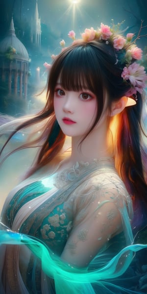 Ultra detailed realistic of a young girl lost in a magical world full of wonders, unique luminous flora never seen before, highly detailed, pastel colours, digital art, art by Mschiffer, night, dark, bioluminescence, slim, tall, perfect upper body, dynamic pose, pale skin, black hair, clear eyes, white skin, (long flowing hair, floating hair, long hair, messy hair), ((long floating sheers)), perfect fingers, long bangs, medium shot, upper body, in the dark, deep shadow, low key, intricate fractal art,luna,Holy light