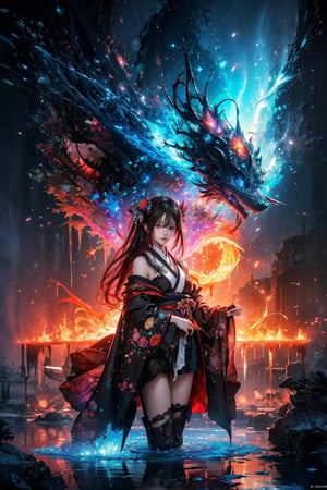 (masterpiece,  top quality,  best quality,  official art,  beautiful and aesthetic:1.2),  medium full shot, (1girl), tiny and tall,  kimono girl, extreme detailed, (abstract,  fractal art:1.3), colorful hair, highest detailed,  detailed_eyes,  fire,  water,  ice,  lightning,  light_particles,  ,midjourney