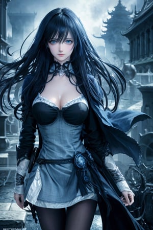 Best quality, masterpiece, ultra high res, (photorealistic:1.37), final fantasy styles, a young and serious woman, long black dark hair in the wind, blue eyes, detailed eyes and face, perfect anatomy. Medium round breast. perfect fingers. work cloths with intricate details, dynamic lighting, in the dark, deep shadow, low key, cinematic image,bright city, floting city on the background. 