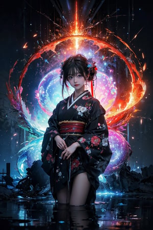 (masterpiece,  top quality,  best quality,  official art,  beautiful and aesthetic:1.2),  medium full shot, (1girl), tiny and tall,  kimono girl, extreme detailed, (abstract,  fractal art:1.3), colorful hair, highest detailed,  detailed_eyes,  fire,  water,  ice,  lightning,  light_particles,  ,midjourney