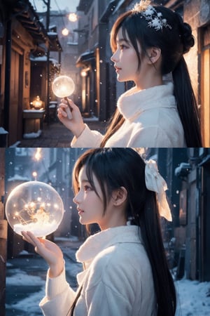 a woman, light snow falling, romantic atomsphere, intricate brush strokes, beautiful lighting, Color Grading, Unreal Engine, creative, expressive, stylized anatomy, digital art, Adobe Photoshop, well-developed concept, distinct personality, consistent style, 
