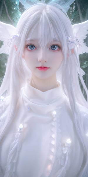 medium full shot, details face, white skin, white hair, white, Ultra detailed illustration of an angel lost in a magical world full of wonders, ((unique luminous forest)), highly detailed, pastel colors,  digital art, art by Mschiffer, night, dark, bioluminescence,Holy light, 