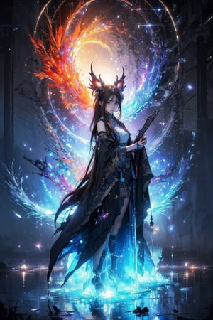 (masterpiece,  top quality,  best quality,  official art,  beautiful and aesthetic:1.2),  medium full shot, (1girl), tiny and tall,  hanfu girl, extreme detailed, (abstract,  fractal art:1.3), colorful hair, highest detailed,  detailed_eyes,  fire dragon,  water,  ice,  lightning,  light_particles,  ,midjourney