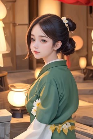 1 girl, big eyes, cute face, hair clip, updo hairstyles, brown hair, solo, from side, looking to viewer, upper body, (wearing traditional Japanese clothing:1.7), detailed background, detailed face, flowers mage, happy , nature themed mage clothes, organic jewelry, (green color scheme:1.1), emanating natural energy, dynamic pose, butterflies, , verdant nature, , spreading nature, , bloom flowercaster, roses, , primroses, ethereal atmosphere,, Realism  ,,masterpiece,,<lora:659111690174031528:1.0>