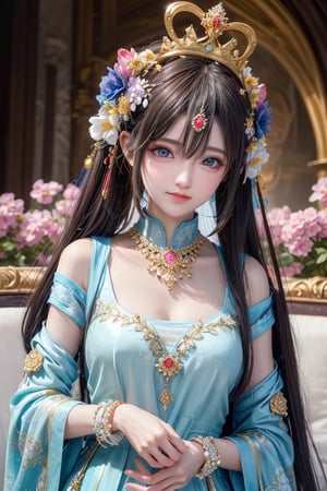 In this dazzling and spirited portrait, a young woman is gracefully portrayed with an array of delicate flowers interwoven into her long, flowing hair. She gazes confidently at the viewer, her mesmerizing blue eyes accentuated by subtle, tasteful makeup. The woman dons a regal crown adorned with large, intricately detailed flowers that harmonize with the smaller blossoms in her hair. She is decked out in an array of resplendent gold jewelry that shimmers in the light, including a stunning medallion featuring a captivating blue gemstone at its heart.