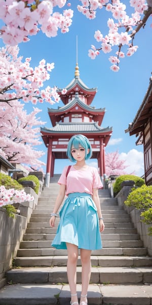 masterpiece, best quality, aesthetic,1 girl,Simple Sakura, cherry blossoms, short-hair, aqua hair, temple, tree, stairs, sky, pink eyes, hina, 