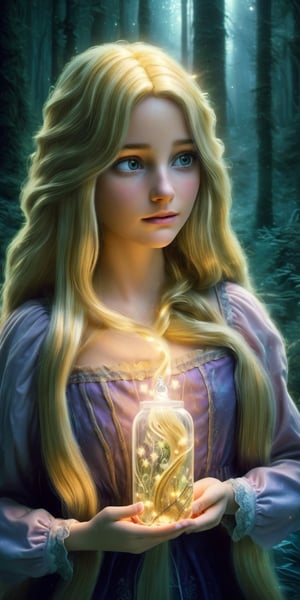 Ultra detailed illustration of a girl lost in a magical world full of wonders forest, highly detailed, digital art, art by Mschiffer, night, dark, 1girl,Holy light,1 girl, a girl named Rapunzel, (4 meters long hair:1.3), (glowing hair, luminesence blonde hair:1.2), ,rapunzel