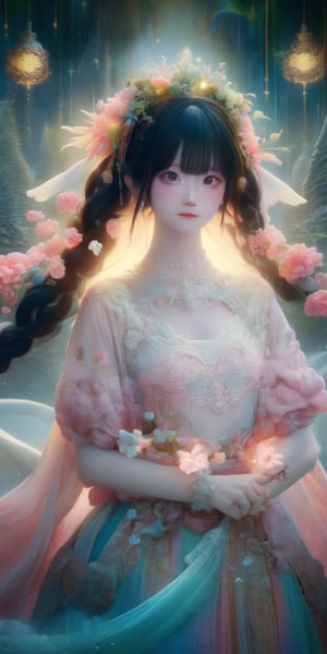 Ultra detailed realistic of a young girl lost in a magical world full of wonders, unique luminous flora never seen before, highly detailed, pastel colours, digital art, art by Mschiffer, night, dark, bioluminescence, slim, tall, perfect upper body, dynamic pose, pale skin, black hair, clear eyes, white skin, (long flowing hair, floating hair, long hair, messy hair), ((long floating sheers)), perfect fingers, long bangs, medium shot, upper body, in the dark, deep shadow, low key, intricate fractal art,luna,Holy light