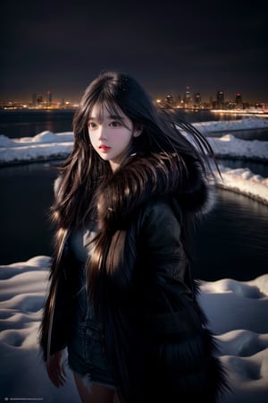 Best quality, masterpiece, ultra high res, photorealistic, (medium shot:1.3),  raw photo, a young girl, long hair in the wind, perfect body pose, snow, winter, thick fur jacket, dynamic lighting, in the dark, deep shadow, cinematic image, dark city, floting city on the background.